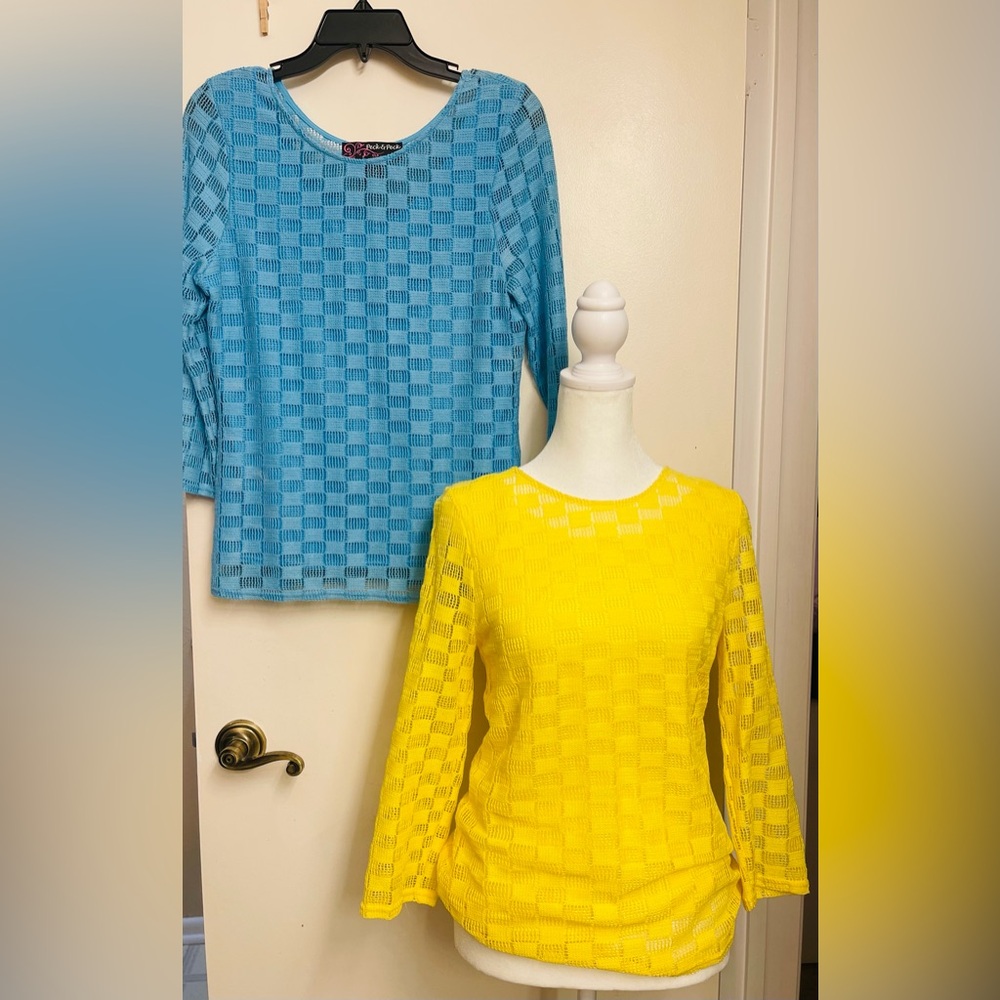 (2) Peck & Peck Gauze/Lace Blouses, Yellow & Teal, Small